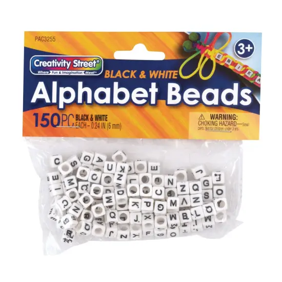 Alphabet Beads, Black & White, 6 mm, 150 Per Pack, 6 Packs {2}