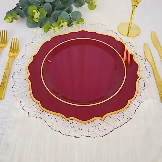 10 BURGUNDY 10.5" Round Plastic Dinner Plates GOLD Scalloped Rim {1}