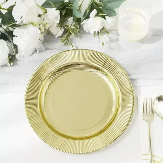 25 GOLD 8" Metallic Round Paper Salad DINNER PLATES Textured Rim {5}