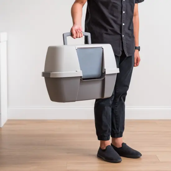 IRIS USA Large Hooded Corner Cat Litter Box with Scoop Dark Gray {6}