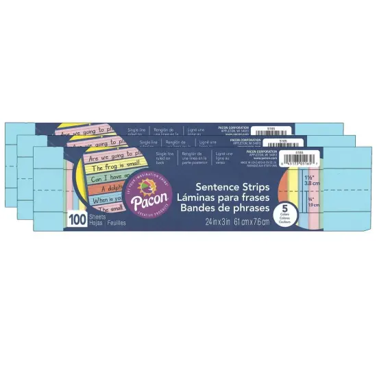 Sentence Strips, 5 Assorted Colors, 1-1/2" Ruled, 3" x 24", 100 Strips Per Pack, 3 Packs {1}