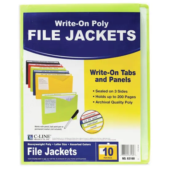 Write-On Poly File Jackets, Assorted Colors, 11" x 8-1/2", 10 Per Pack, 2 Packs {3}