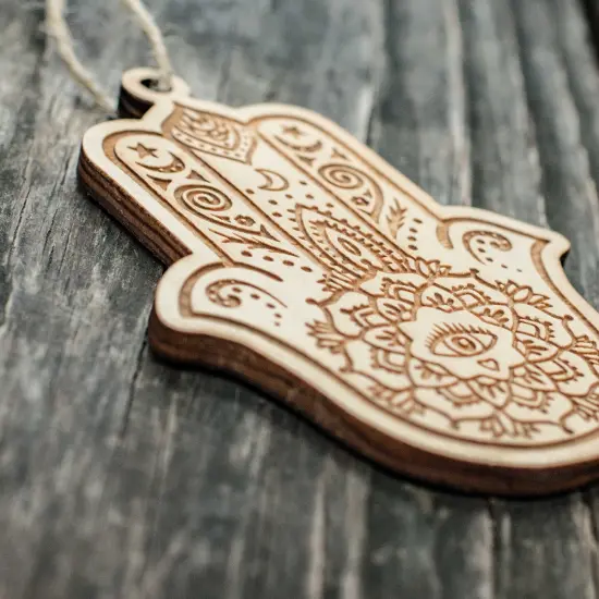 Ornament - Hamsa Hand - Raw Wood 4x3in {3}