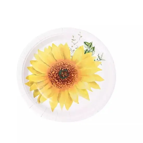 25 White 7" Round Paper Plates with Sunflower Design - Disposable {1}