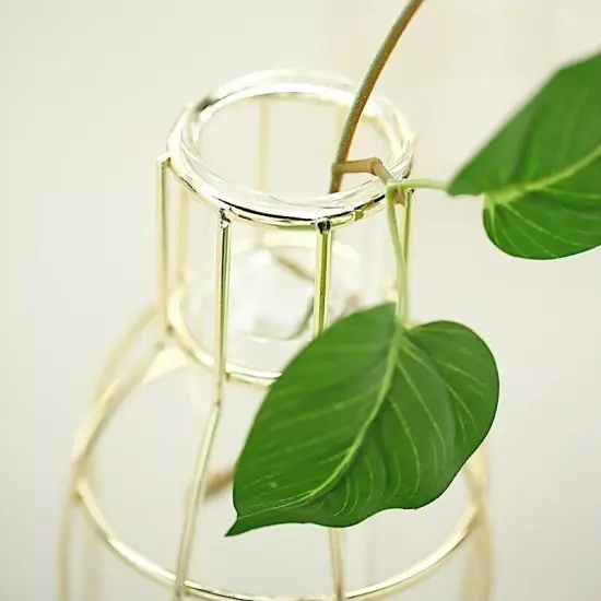 2 GOLD Geometric Bottles with Clear Glass Tubes Wedding Home Flower Vase Holders {2}