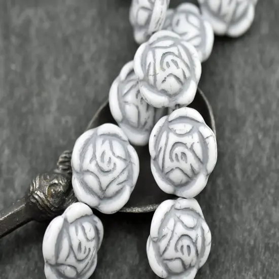 *6* 17mm Gray Washed Opaque White Rose Flower Coin Beads {2}