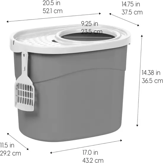 IRIS USA Oval Top Entry Cat Litter Box with Litter Catching Lid, Privacy Walls and Scoop Gray/White {5}