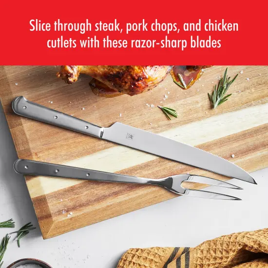 ZWILLING Porterhouse 2pc Stainless Steel Carving Knife Set with Fork in Red Presentation Box, Gift Set {3}
