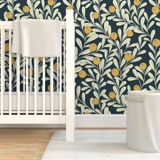 Pre-Pasted Wallpaper 2FT Wide Vines Wallpaper Plants Art Deco Citrus Navy Lemons Mustard Botanical Gardens Climbing Custom Pre-pasted Wallpaper by Spoonflower {7}