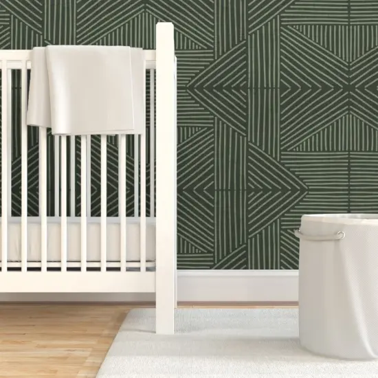 Pre-Pasted Wallpaper 2FT Wide Modern Mudcloth Mosaic Green Farmhouse Boho Geometric Bohemian Diamond Custom Pre-pasted Wallpaper by Spoonflower {7}