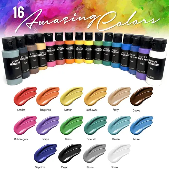 Pixiss Acrylic Paint Set of 16 Colors, 59ml, 2 Fluid Ounce Bottles, Matte Finish Paints {3}