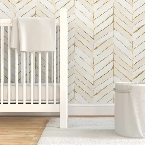 Pre-Pasted Wallpaper 2FT Wide Cream Gold Tone Chevron Herringbone Neutral Geometric Custom Pre-pasted Wallpaper by Spoonflower {7}