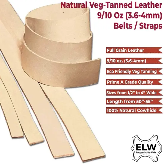 ELW Import Tooling Leather 9/10 oz Natural Belt Blanks/Strips/Straps from Full Grain Vegetable Tanned Leather (1-3/4" x 50") {2}