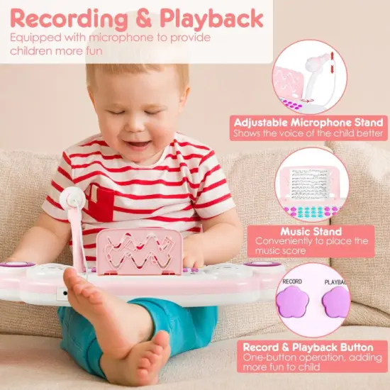 37-Key Kids Electronic Piano Keyboard Play-set with Microphone and Fun Flash Light Pink {5}