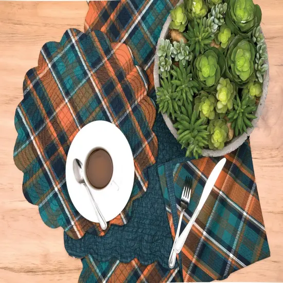 Troy Orange & Green Plaid Round 100% Cotton Set of 6 Placemats 17" {4}