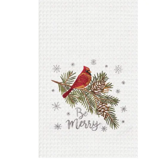 Be Merry Cardinal Embroidered Waffle Weave Kitchen Towel {3}