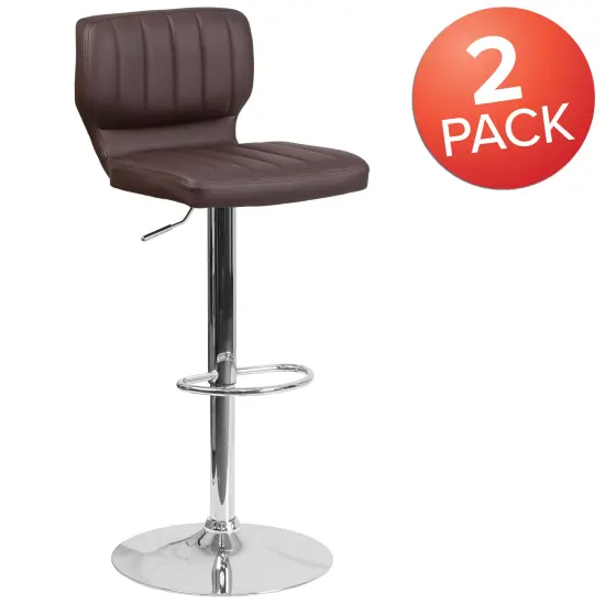 Merrick Lane Set of Two Swivel Bar Stools with Vertical Stitched Back and Adjustable Chrome Base with Footrest Brown Vinyl {5}