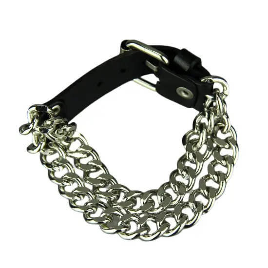 Double Row Curb Link Bracelet With Black Leather Clasp {1}