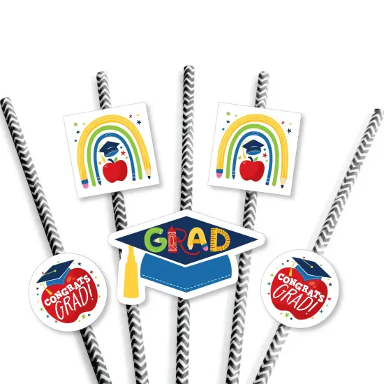 Big Dot of Happiness Elementary Grad - Paper Straw Decor - Kids Graduation Party Striped Decorative Straws - Set of 24 {7}