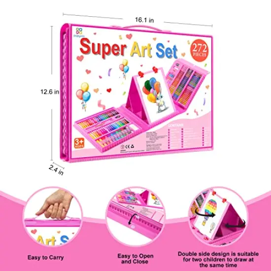 272 Pieces Art Set Drawing Kit for Girls Boys Teens Artist, Deluxe Gift Art Box with Trifold Easel, Origami Paper, Coloring Book, Drawing Pad, Pastels, Crayons, Pencils, Watercolors(Pink) {3}