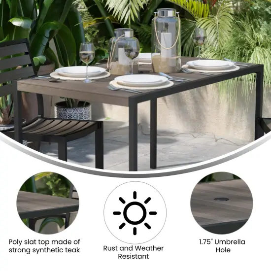 Merrick Lane Outdoor Dining Table with Faux Teak Poly Slat Top and Powder Coated Steel Frame {7}