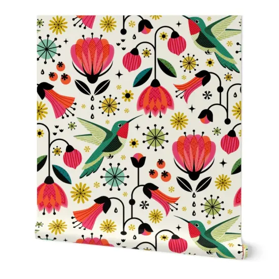 Peel & Stick Wallpaper 2FT Wide Hummingbird Vintage Flowers Floral Retro Mod Mid Century Scandi Red Yellow Green Custom Removable Wallpaper by Spoonflower {7}