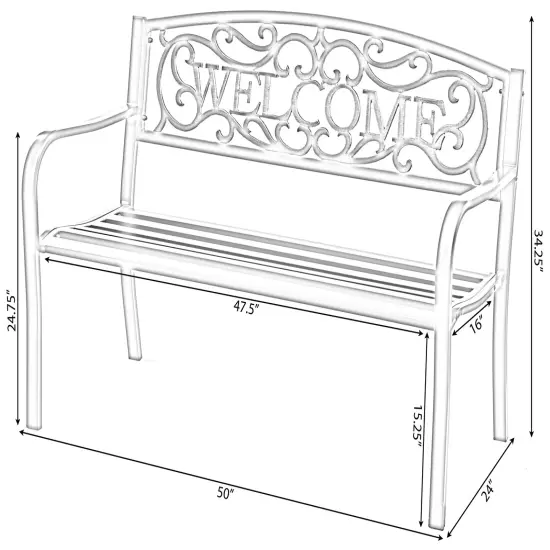 Steel Outdoor Patio Garden Park Seating Bench with Cast Iron Welcome Backrest, Front Porch Yard Bench Lawn Decor {6}