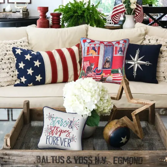 Cat Caravan 4th of July Patriotic Printed Cotton Square Throw Pillow, 18" x 18" Large {5}