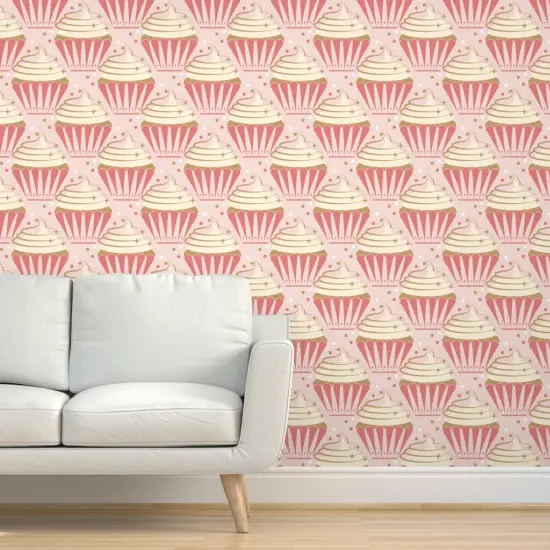 Peel & Stick Wallpaper 2FT Wide Large Scale Pink Cupcakes Atomic Birthday Party Retro Vintage Strawberry Celebration Vanilla Yellow Mid Century Stars Cosmic Cake Desserts Custom Removable Wallpaper by Spoonflower {5}