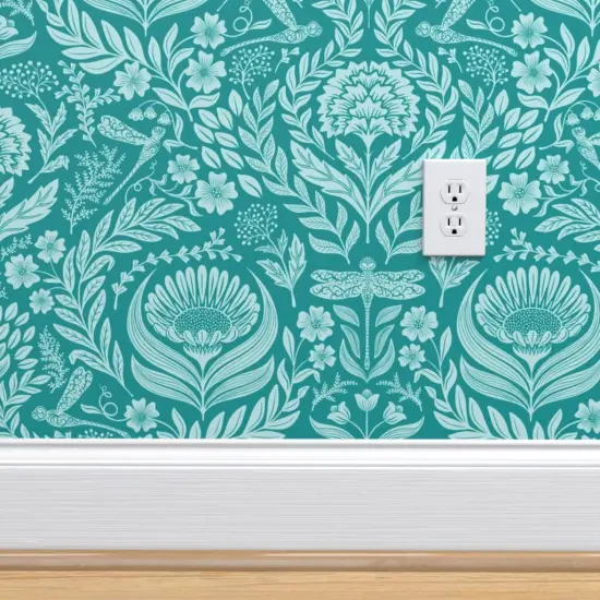 Pre-Pasted Wallpaper 2FT Wide Teal Floral Victorian Whimsical Dragonflies Art And Crafts Maximalist Botanical Nouveau Carnation Chrysanthemum Large Scale Custom Pre-pasted Wallpaper by Spoonflower {4}
