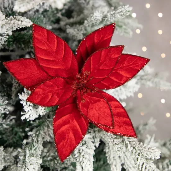 Northlight Glittered Poinsettia Christmas Floral Pick Clip-On Ornament - 10" - Red {3}