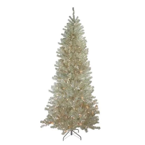 Northlight 9' Pre-Lit Metallic Platinum Artificial Tinsel Christmas Tree - Clear Lights Silver {3}