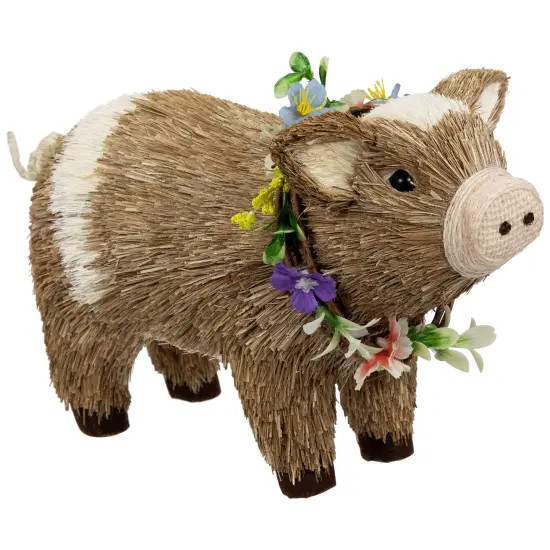 Northlight Boy Piglet with Floral Wreath Spring Figurine - 10.25" - Brown and Beige {6}