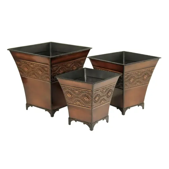 Contemporary Home Living Set of 3 Brown and Ivory Planters with Patterned Belt 8" {1}