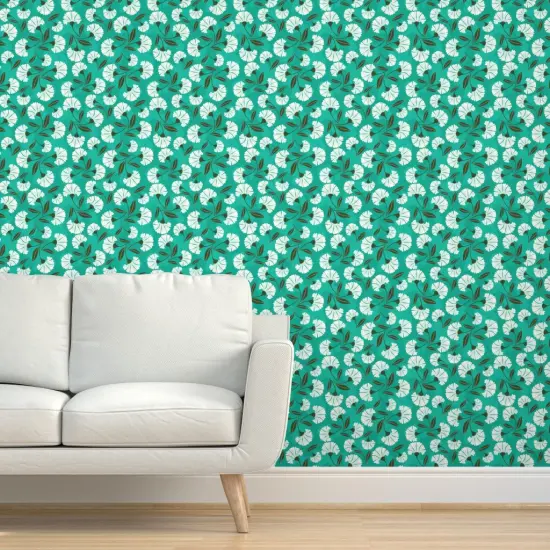 Peel & Stick Wallpaper 2FT Wide Weathered Teal Floral Nature Victorian Summer Garden Picnic Jade Green White Custom Removable Wallpaper by Spoonflower {5}