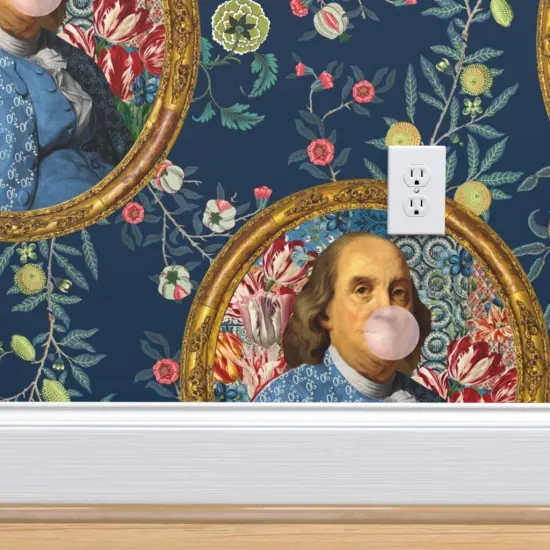 Pre-Pasted Wallpaper 2FT Wide Benjamin Franklin Botanical Whimsical Historical Portrait Custom Pre-pasted Wallpaper by Spoonflower {4}