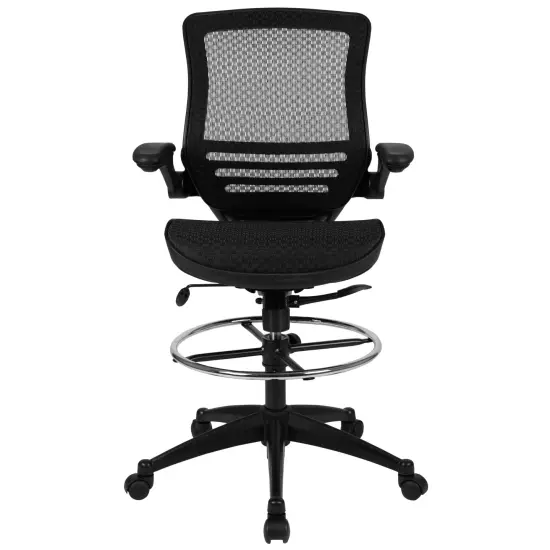 Emma and Oliver Mid-Back Transparent Mesh Drafting Chair with Flip-Up Arms BlackMesh/BlackFrame {3}
