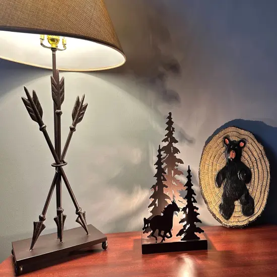 Rustic Brown Metal Running Horse in Forest Silhouette Ambient Light Accent Lamp {6}