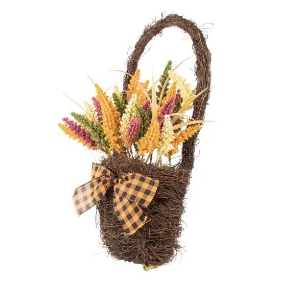 Northlight Autumn Harvest Hanging Basket with Artificial Foliage and Checkered Bow - 22" Orange {4}