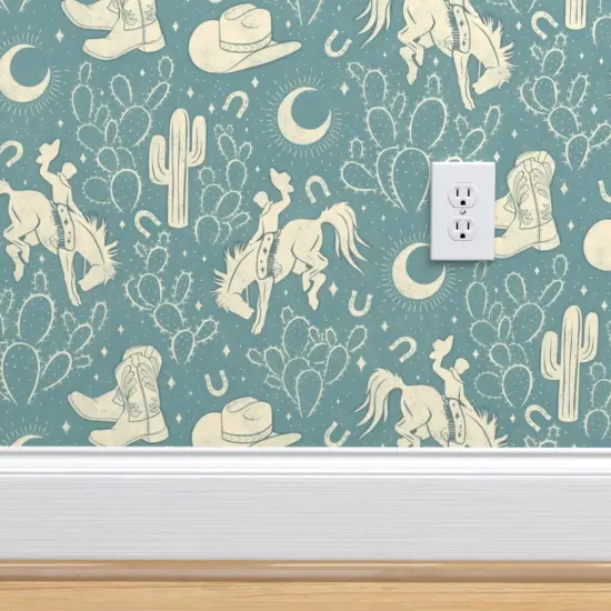 Peel & Stick Wallpaper 2FT Wide Southwest Dusky Blue Boots Cactus Ranch Rodeo Cowboy Hat Moon Custom Removable Wallpaper by Spoonflower {4}