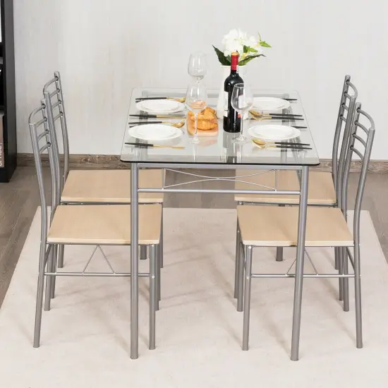 5 Pieces Dining Set Glass Table and 4 Chairs with Shelf Below The Top {2}
