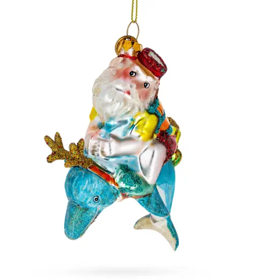Santa Diver Riding Dolphin Glass Christmas Ornament {1}