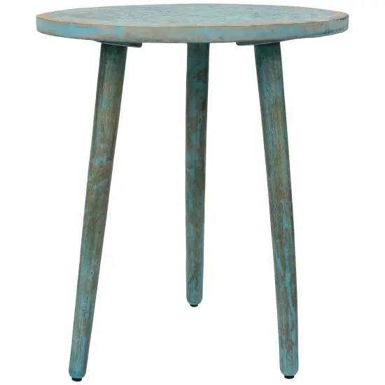 Northlight 22" Antique Blue Engraved Wooden Tri Leg Round Side Table {4}