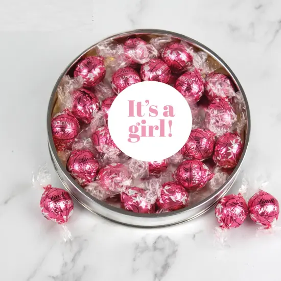 It's a Girl Baby Shower Candy Gift Tin with Chocolate Lindor Truffles by Lindt Large Plastic Tin with Sticker - By Just Candy {1}