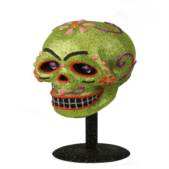 Gallerie II 12" Black and Green Day of the Dead Glitter Drenched Skull Halloween Tabletop Decor {1}