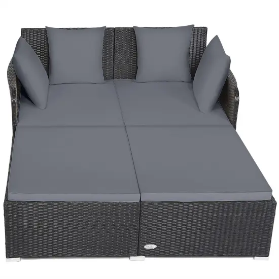 Spacious Outdoor Rattan Daybed With Upholstered Cushions And Pillows Grey {6}