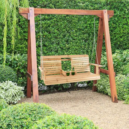 Costway 2-seat Wood Swing Bench with Folding Cup Holder and Sturdy Metal Hanging Chains {1}