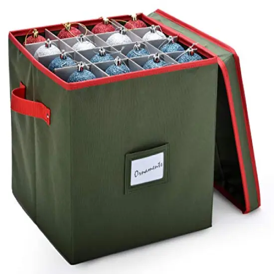 Christmas Ornament Storage - Stores up to 64 Holiday Ornaments, Adjustable Dividers, Covered Top, Two Handles. Attractive Storage Box Keeps Holiday Decorations Clean and Dry for Next Season. (Green) {1}