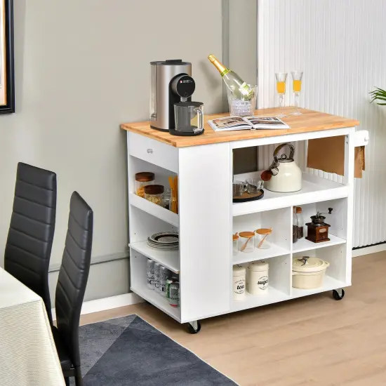 Kitchen Island Trolley Cart on Wheels with Storage Open Shelves and Drawer-White {2}