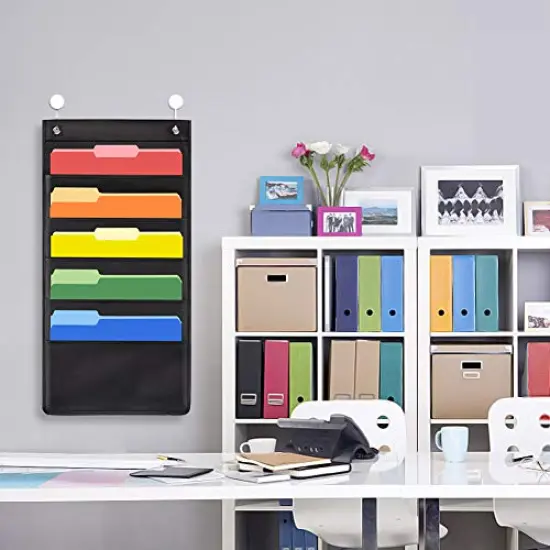 2 Pack -5 Pockets Hanging Wall File Organizer with 4 Hooks, Hanging Pocket Chart - Hanging Storage Organizer for School, Home or Office Wall Pocket Chart, Black, 2 Pack {1}